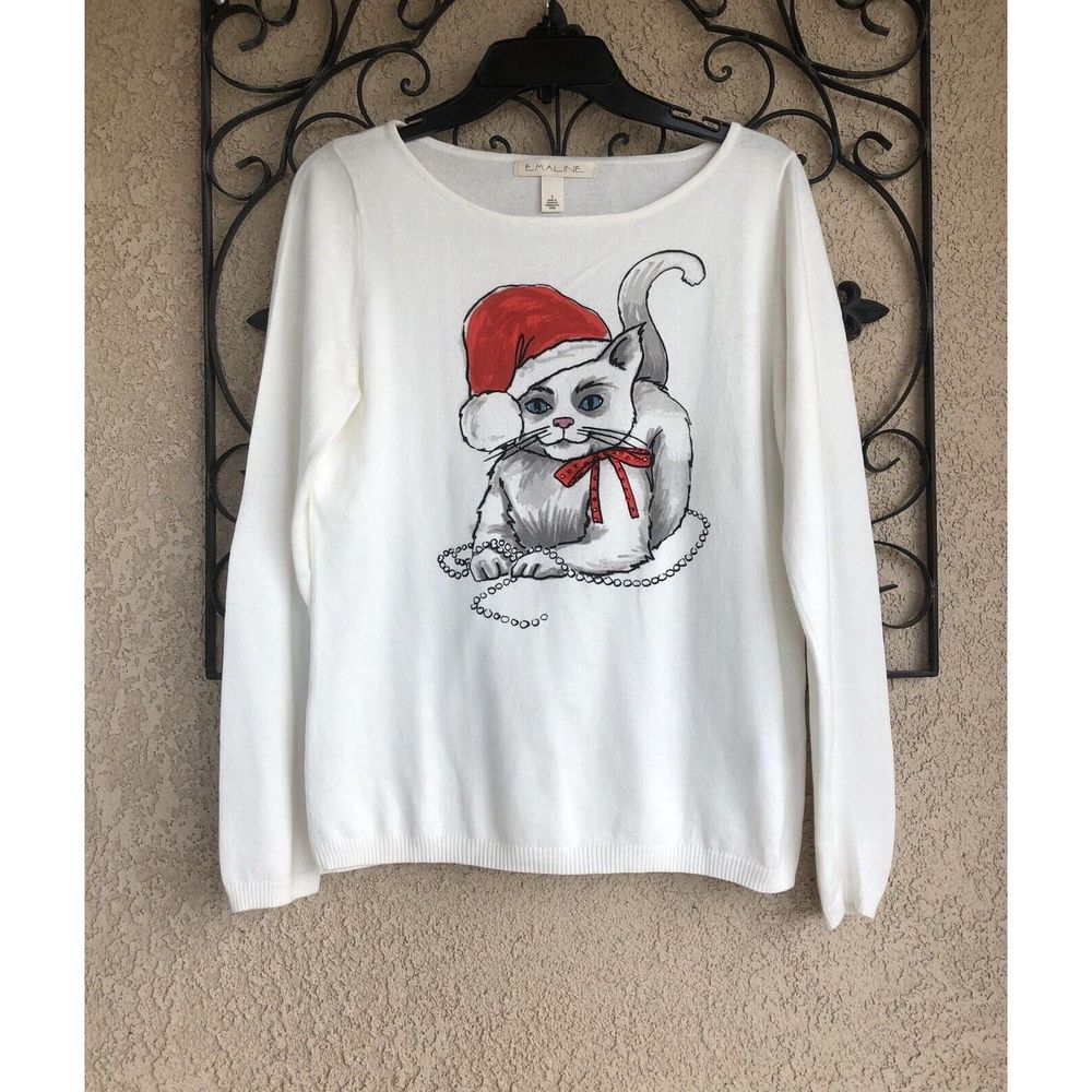 Emaline Christmas Kitten Light Weight Sweater - Size Small - Cream/Red